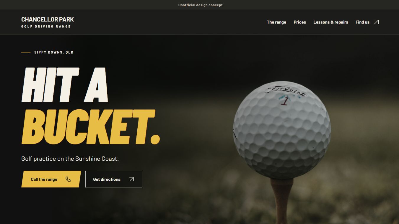 Chancellor Park website: bold golden Hit a Bucket lettering and a golf ball on a tee