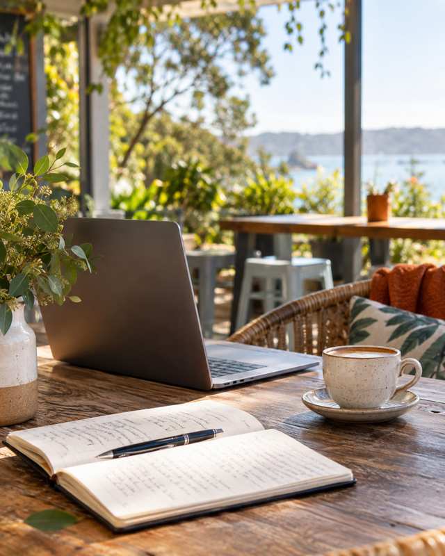 A relaxed creative workspace with a laptop, notebook and coffee overlooking the water