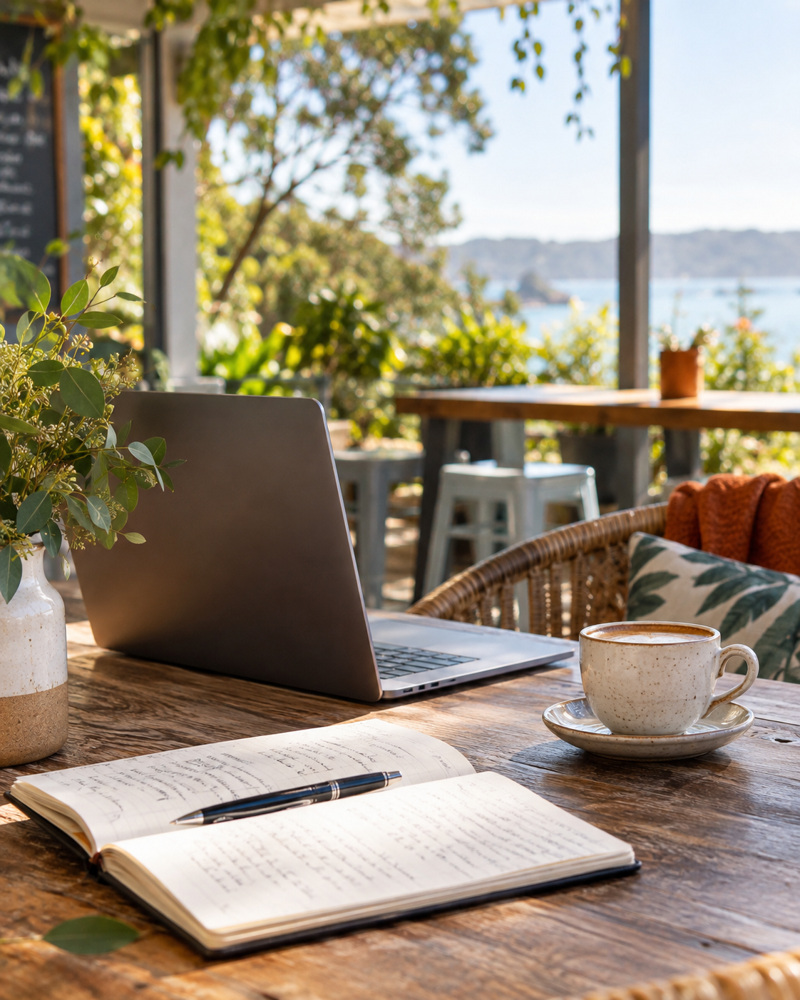 A relaxed creative workspace with a laptop, notebook and coffee overlooking the water